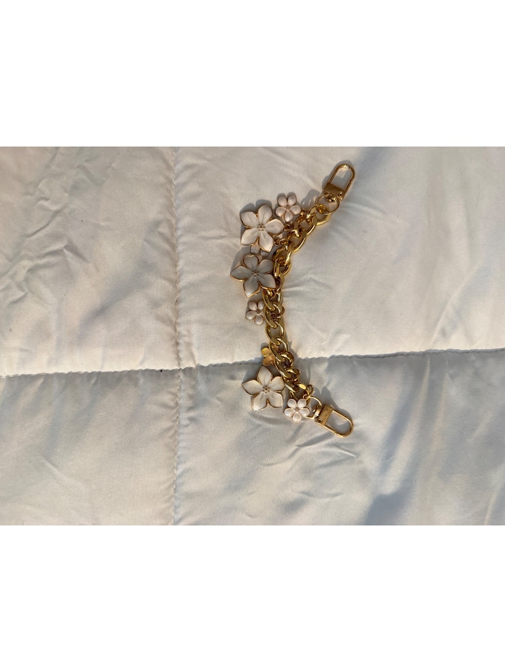 Gold Tone Floral bag charm Chain with  White Flower Charms
